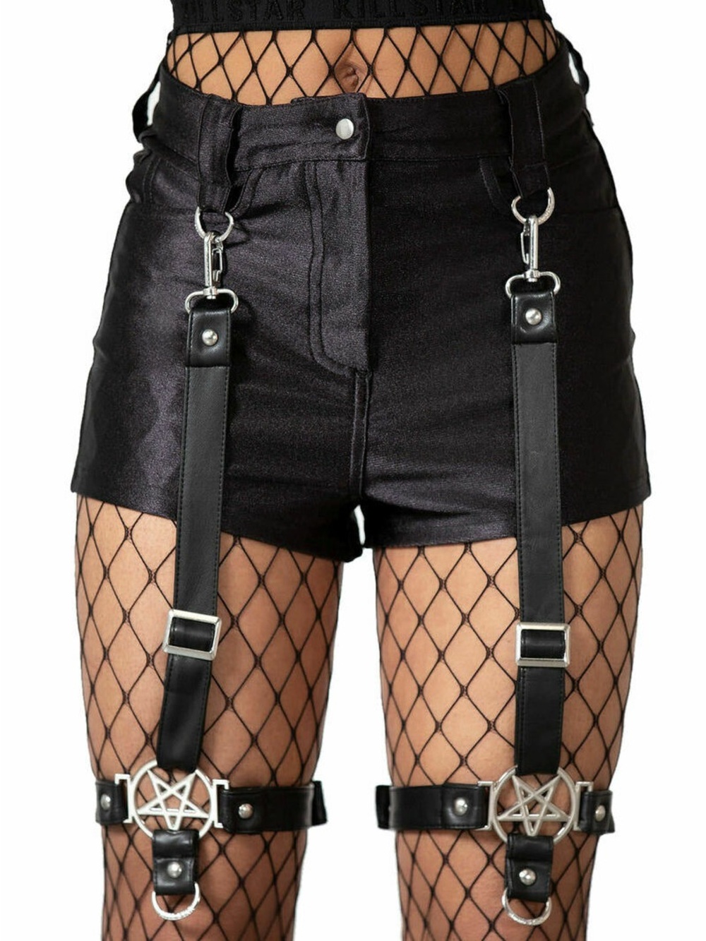 Killstar Black High-Waist Harness Shorts with Pentagram Leg Straps
